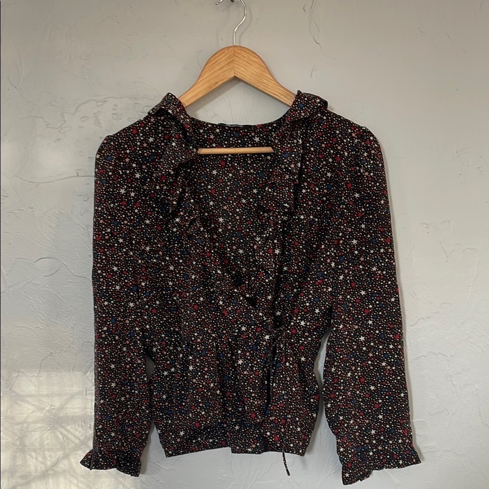 Madewell 100% Silk Star Print Black, Navy, Red, Cream Wrap Peplum Blouse